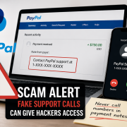 PayPal Scam Image PayPal scam example showing fake support phone number and remote access attack warning on laptop and phone screen